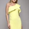 A yellow, One Shoulder Ruffle Dress