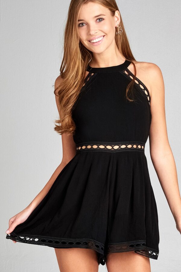 Front of black colour Crochet Trim Romper Dress