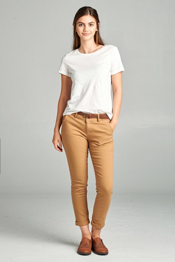 skinny fit Cotton Twill Long Pants with Belt