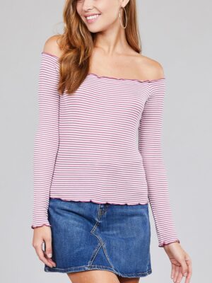 Long Sleeve Off The Shoulder Striped Ribbon Top