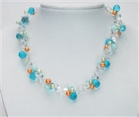 Blue Gem Crystal Clear Crystal with Orange Pearl Necklace