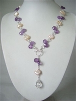 Amethyst, Freshwater Pearl, Clear Crystal Teardrop Necklace