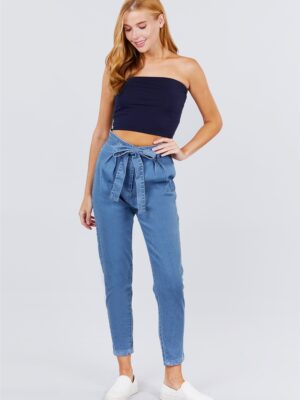 High Elastic Waist Pleated Blue Jean