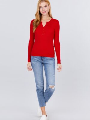 Red Long Sleeve Henley Sweater