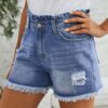 High Rise Ruffle Waist Denim Shorts