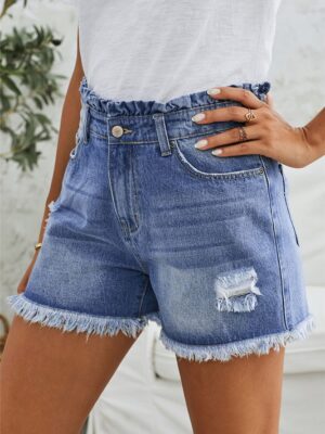 High Rise Ruffle Waist Denim Shorts