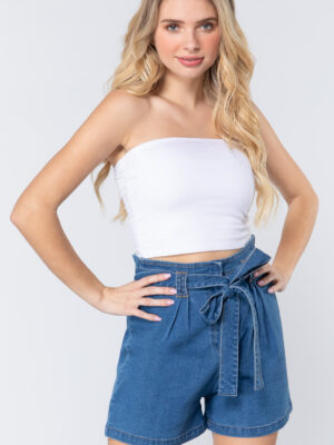 Small view of Belted Pleated Denim Shorts