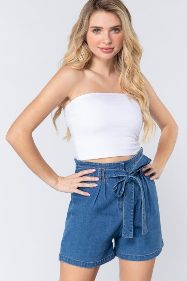 Small view of Belted Pleated Denim Shorts