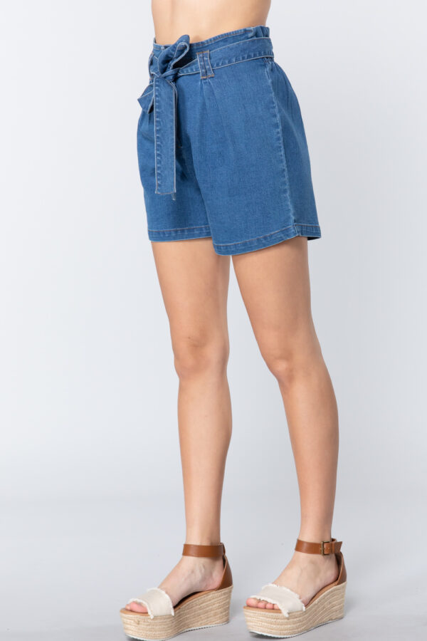 Small, side view of Belted Tie Pleated Denim Shorts