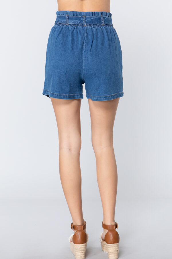 Small, back view of Belted Tie Pleated Denim Shorts