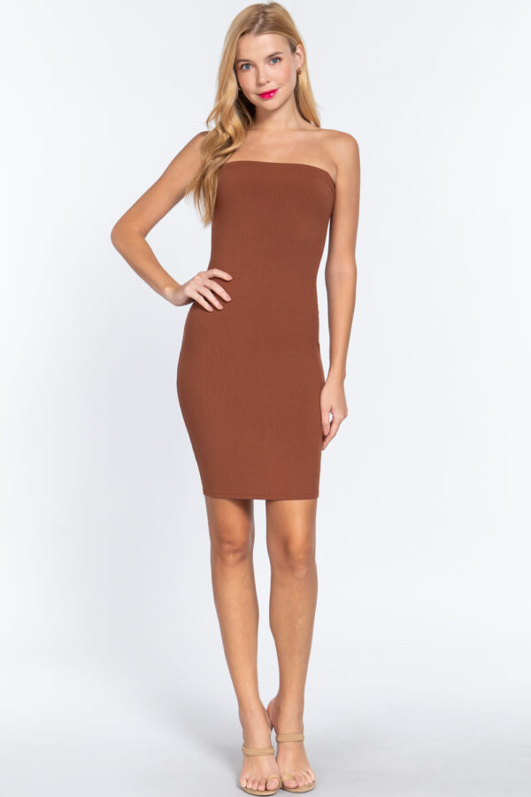 Brown small back cross string mini tube heavy rib dress