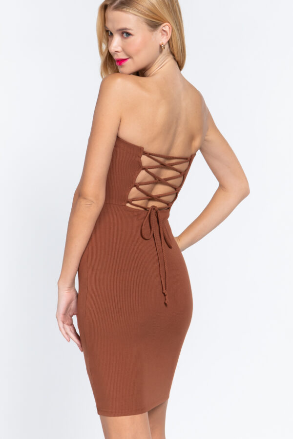 Back view of back cross string mini tube heavy rib dress