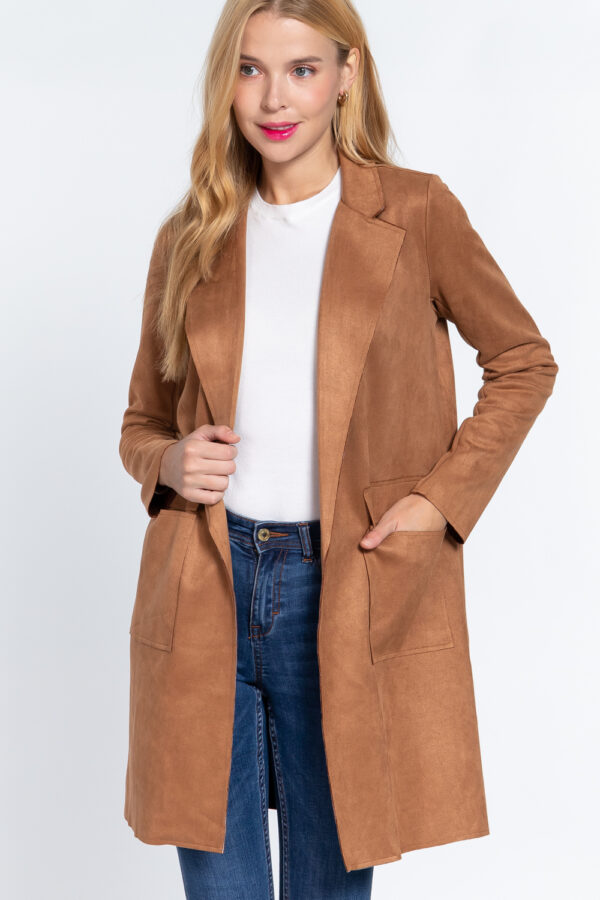 Brown, front view of Long Sleeve Suede Jacket