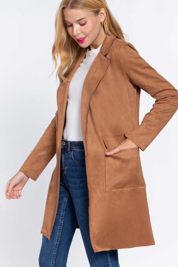 Brown, side view of Long Sleeve Suede Jacket