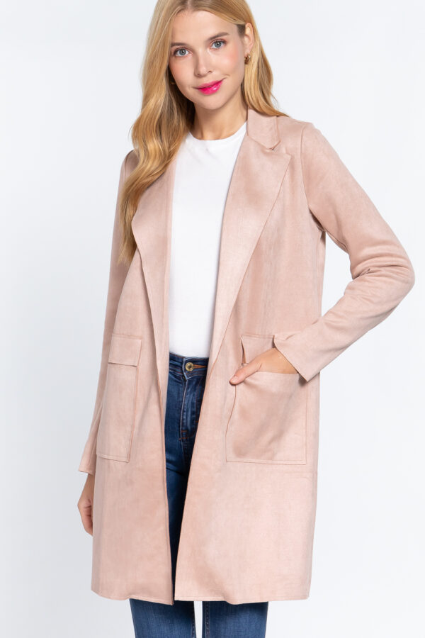 Pink, front Long Sleeve Suede Jacket