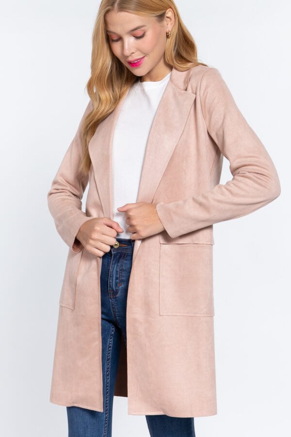 Pink, side view Long Sleeve Suede Jacket