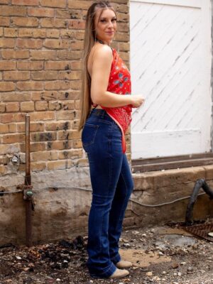 a girl in a Denim bootcut Jeans with Stitched at the bottom