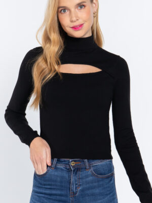 Close view of Long Sleeve Mock Neck Cut Out Sweater