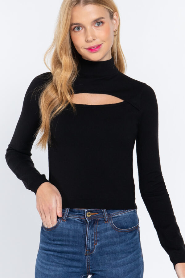 Close view of Long Sleeve Mock Neck Cut Out Sweater