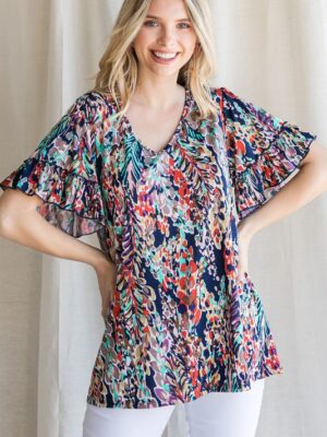 Floral print ruffle short sleeve top