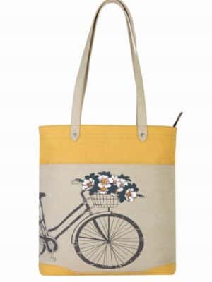 A large hand bag with a cycle printed on it