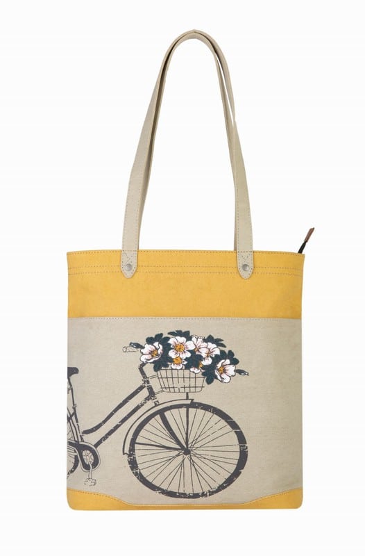 A large hand bag with a cycle printed on it